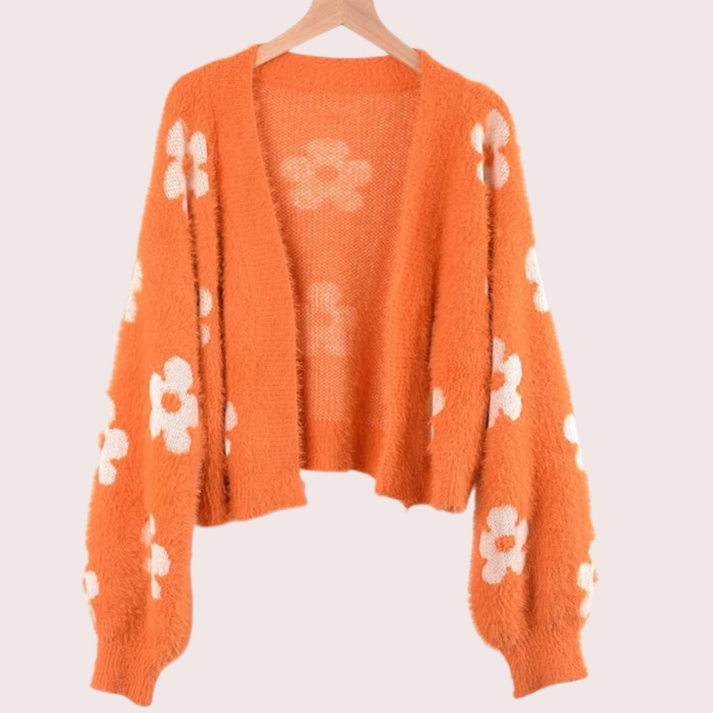New Orange Fuzzy Floral Cardigan